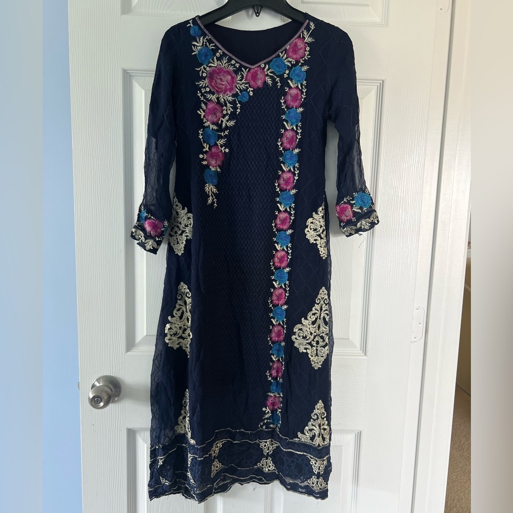South Asian | Elegant Navy Blue Floral Embroidered Dress | Girls
